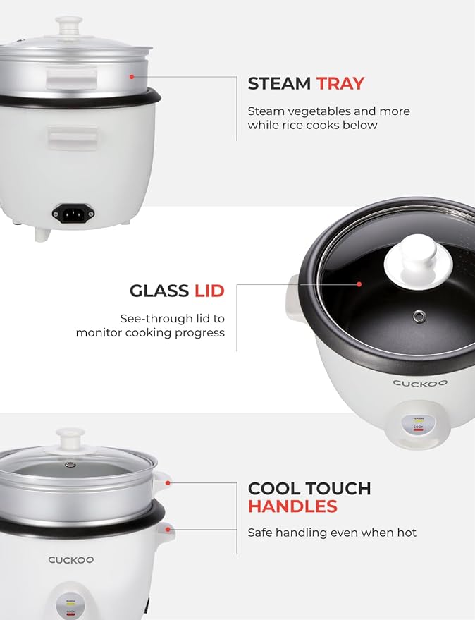 CUCKOO One Touch Rice Cooker 12-Cup Cooked, Small Rice Cooker & Warmer with Steamer Tray, Versatile Grain Cooker, Soup Maker, Auto Keep Warm, 6-Cup Uncooked, White (CR-0601C)