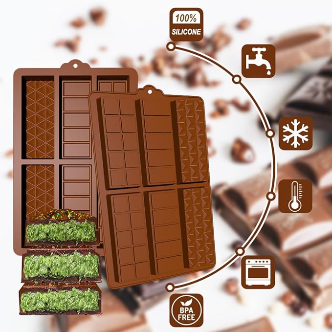 Deep Chocolate Bar Molds, 2 Pack Candy Bar Silicone Molds, Non-Stick 6 Cavities Thick Silicone Dubai Kunafa Pistachio Kit for Filling Chocolate Bar with Scraper