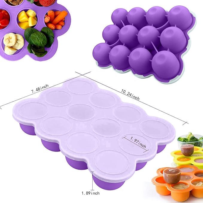 Samuelworld Baby Food Storage Container, 12 Portions x 2.5oz - BPA Free Silicone Freezer Tray with Clip-On Lid for Breast Milk Storage, Homemade Baby Food, Vegetable & Fruit Purees - Purple
