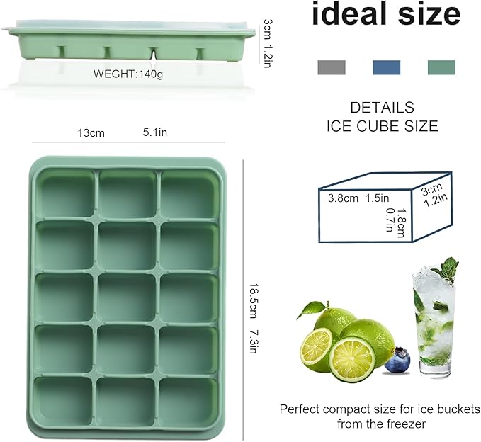 Ice Cube Trays Set of 3, Easy Release 15 Flexible Silicone Ice Cube Molds with Removable Lid Reusable Freezer Ice Trays Stackable for Whiskey, Baby Food, Green