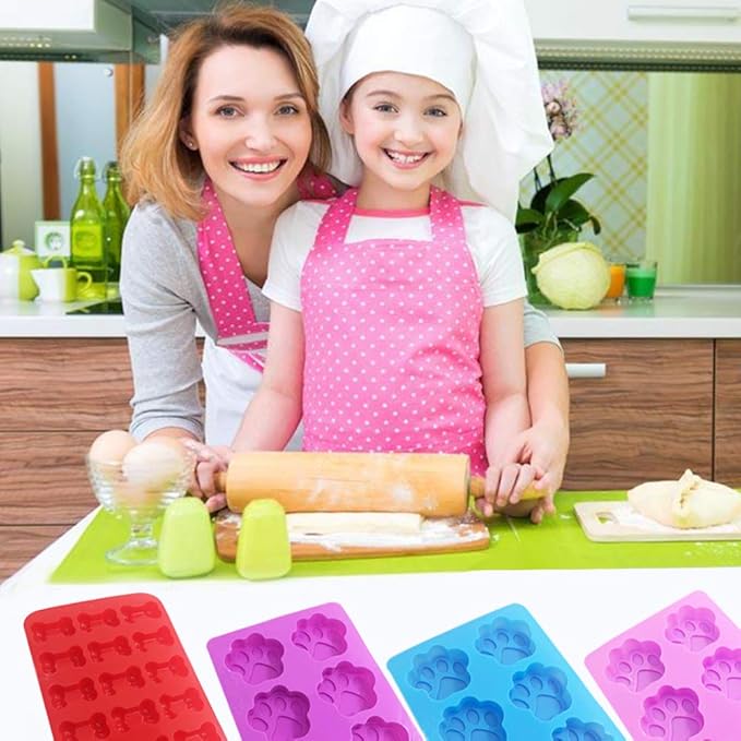 4 Pcs Silicone Candy Chocolate Molds, FineGood Puppy Dog Paw & Bone Shaped Ice Cube Trays Cookies Baking Pans for Making Frozen Dog Treats Soap Bars - Red, Blue, Purple, Pink