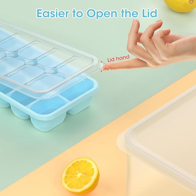 DOQAUS Ice Cube Tray with Lid and Bin, 4 Pack Silicone Plastic Ice Cubes Trays for Freezer with Box/Container, Stackable with Storage Iced Bucket Kits, Scoop, for RV, Soup, Food, Cocktail, Coffee