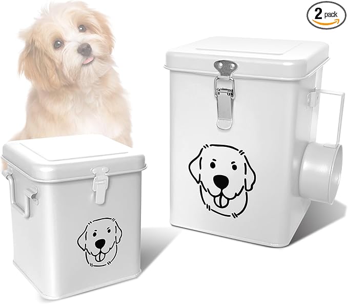 Dog Food Storage Container Airtight Dog Treat Container Pet Food Storage Containers Dog Treat Jar Tinplate Dog Treat Bin White