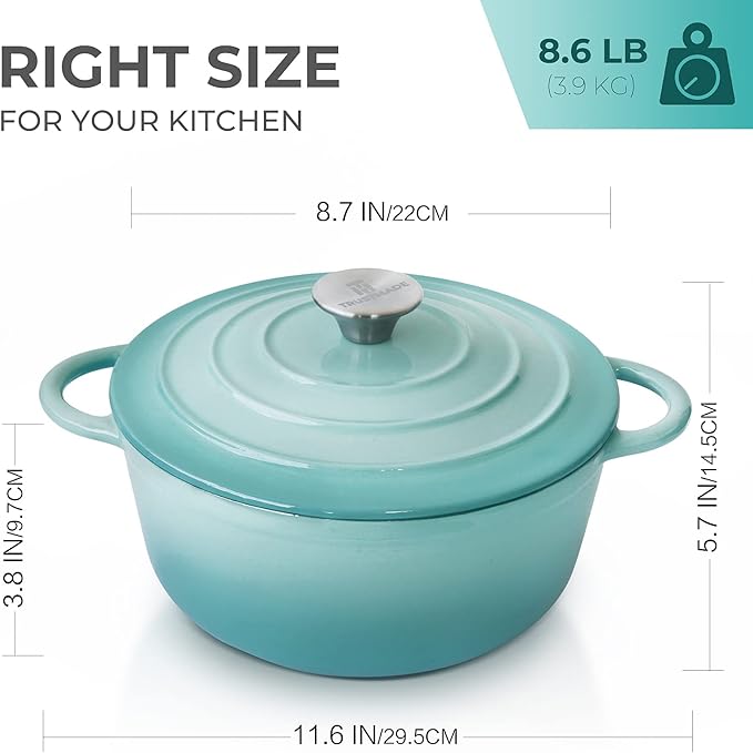Trustmade 3 QT Cast Iron Dutch Oven, Enamel Coated Cookware Pot with Self Basting Lid for Home Baking, Braiser, Cooking, Aqua