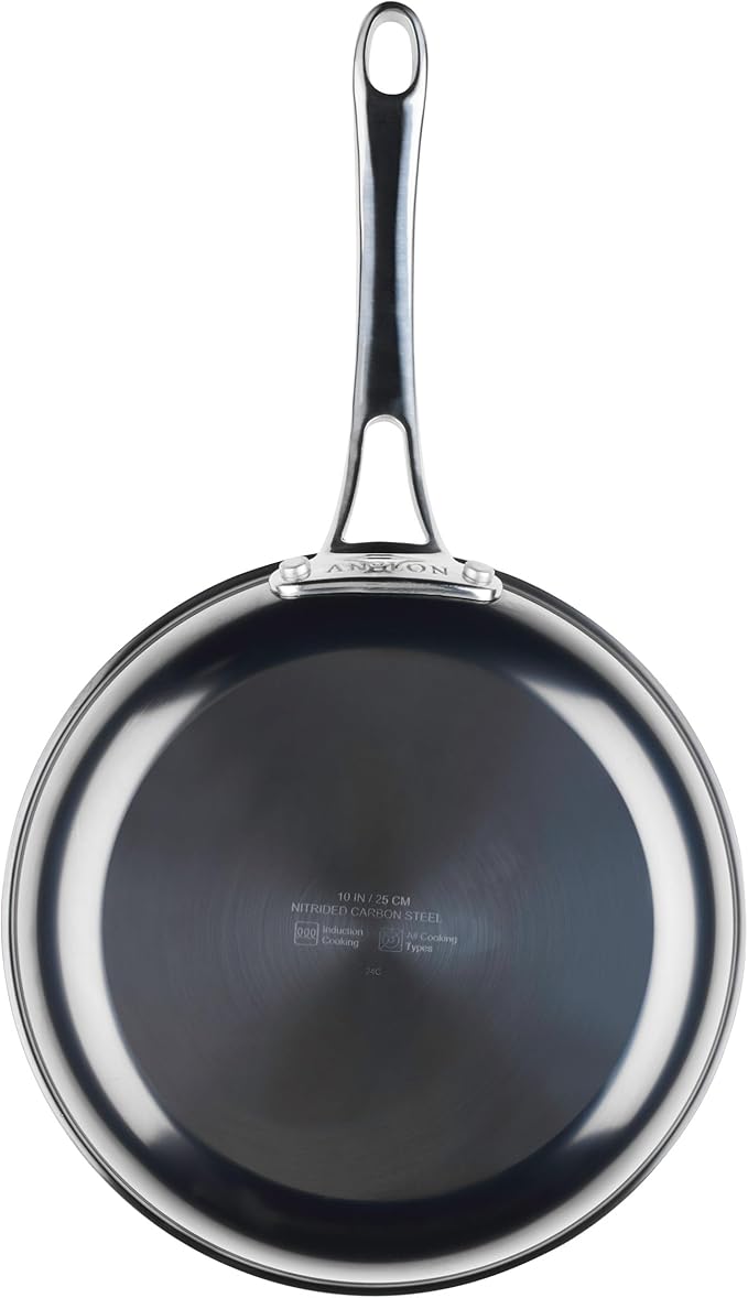 Anolon Everlast N2 Carbon Steel Frying Pan/Skillet with Helper Handle, Compatible with All Cooktops, Metal Utensil Safe, 10 Inch Open Fry Pan - Black