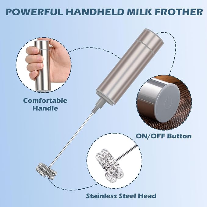 Electric Powerful Milk Frother, Stainless steel tube, Handheld Drink Mixer, Battery Operated Hand Frother Stirrer Wand-Rich Foam Maker for Coffee, Lattes, Cappuccino, Matcha,Chocolate & Creamer