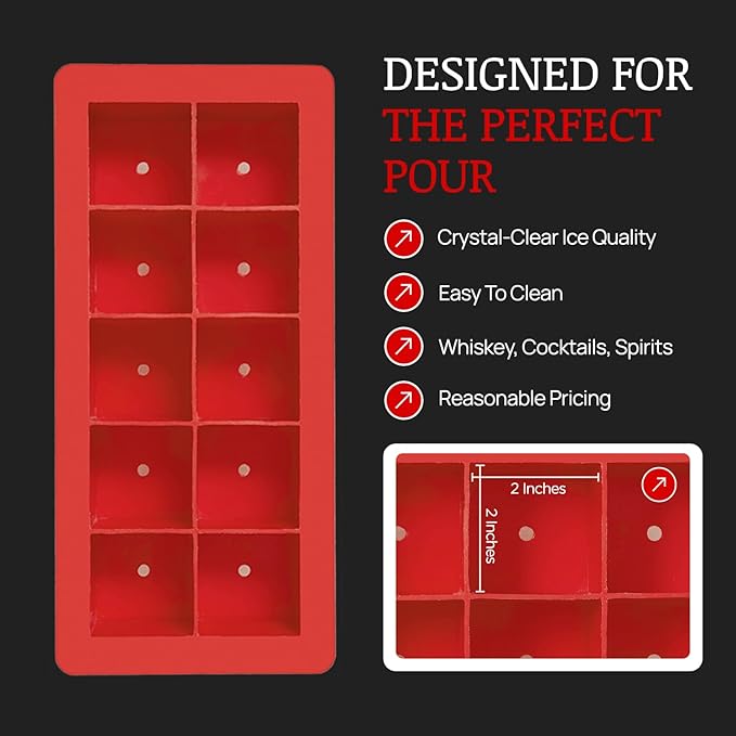 Clear Craft Ice Cube Maker – Square Ice Cube Mold makes 10 Large 2" Crystal Clear Ice Cubes for Whiskey, Cocktails – Slow Melting, Easy Release, Large Ice Cube Tray