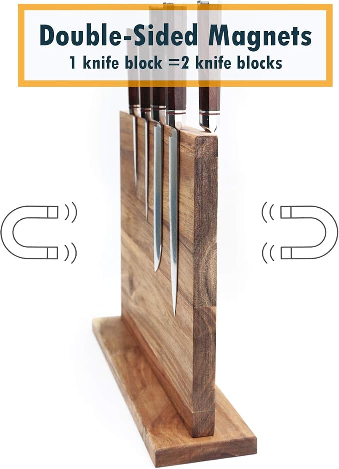 Resafy Large Magnetic Knife Holder,Acacia Wooden Magnetic Knife Block 12 X 10 Inches,Rack Magnetic Universal Stands with Strong Enhanced Magnets Strip Kitchen Storage Cutlery Organizer Without Knifves