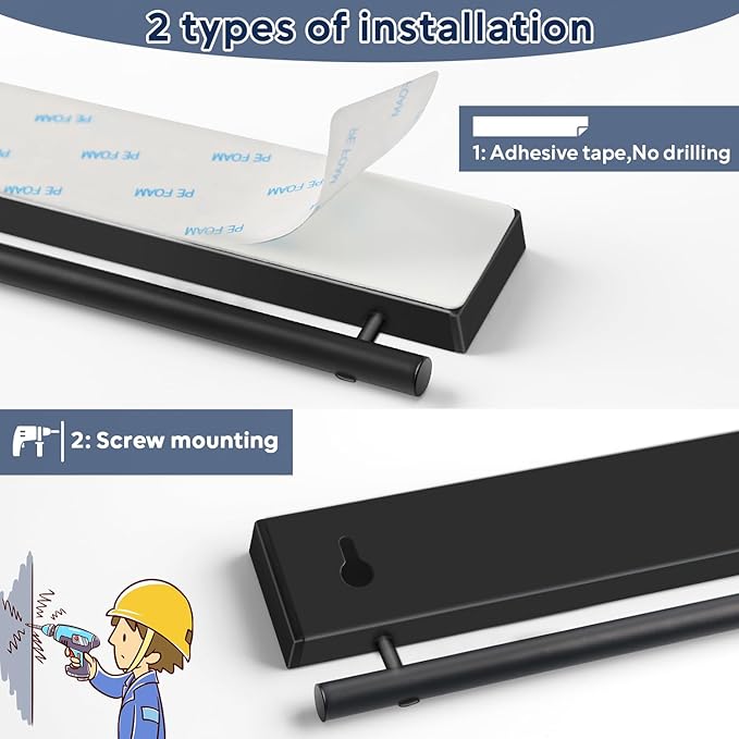 12 Inch Magnetic Knife Holder with 5 Hooks, No Drilling Black Magnetic Strip and Utensil Hanger for Wall
