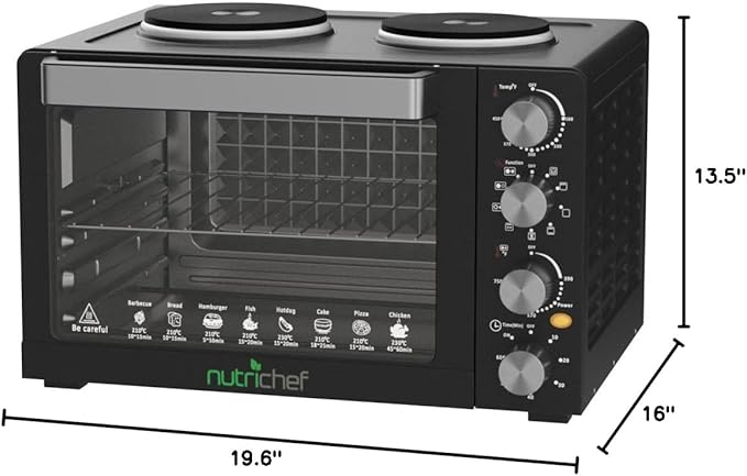NutriChef 30 Quart Kitchen Convection Oven & 2 Burner Cooker - 1500 Watt Oven - 7 Cook Functions Rotisserie, Cook, Bake, Broil & More - Includes Baking Tray, Skewers & Handles - 19.6 x 16.0 x 13.5 IN