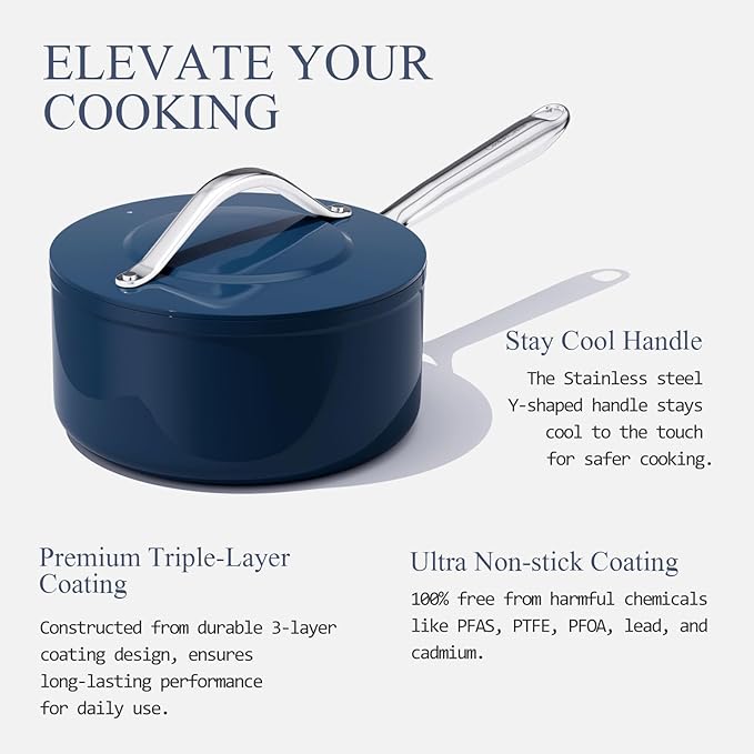 3.5QT Nonstick Ceramic Sauce Pan with Lid 8" Soup Pot Even Heat Distribution, Non Toxic PFAS-Free Healthy Cooking Pot for All Stovetops (Induction/Gas/Electric) Oven Safe 500°F, Navy Blue