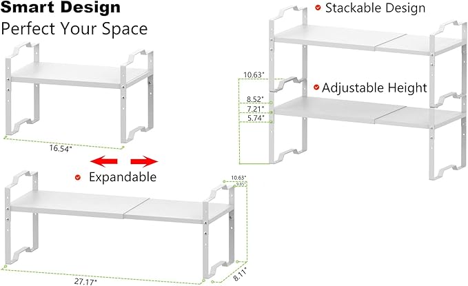 Expandable Shelf for Cabinet Organizer Adjustable Stackable Spice Rack at Kitchen and Bathroom More, Counter Countertop Cupboard Organization Pantry Storage(MEDIUM/1PACK/WHITE)