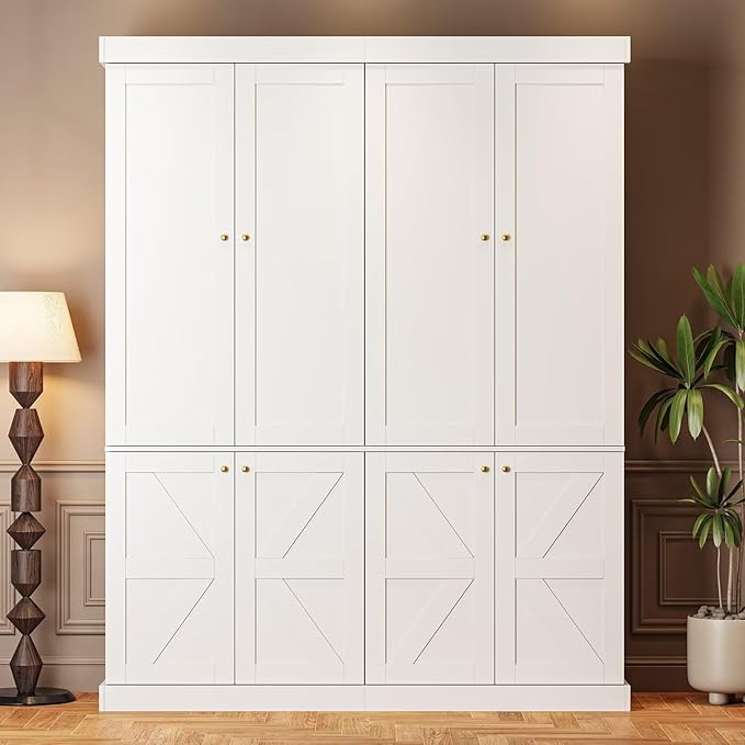 70.8" Tall Farmhouse Kitchen Pantry Cabinet with Doors, Modular Wooden Storage Hutch with 4-Tier Adjustable Shelves, White Buffet Cabinet for Kitchen or Living Room, Set of 3