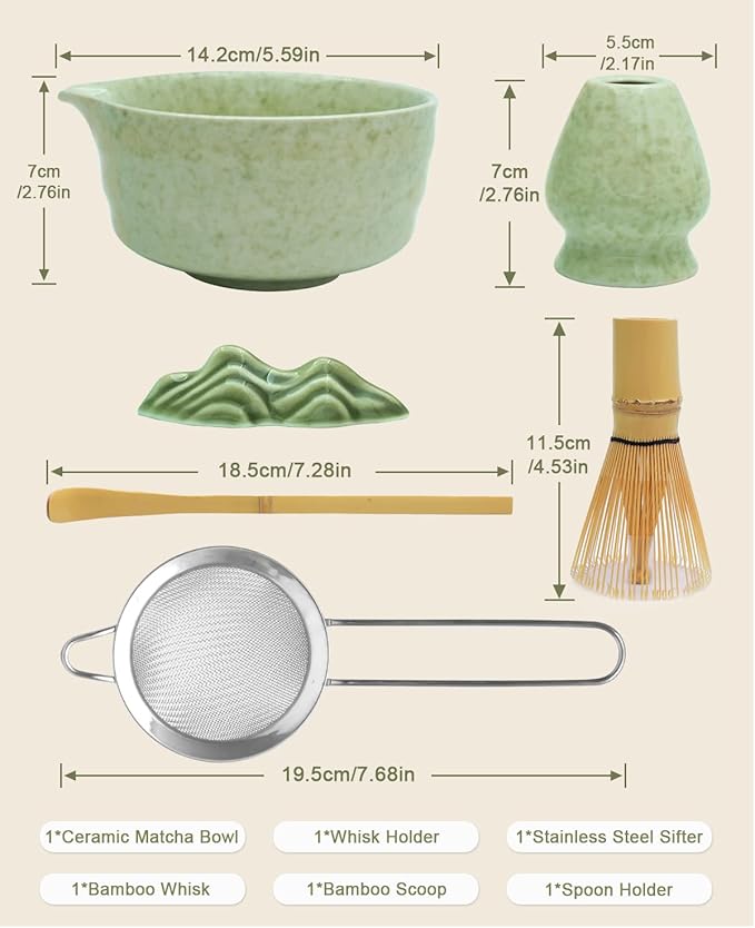 Matcha Whisk Set: Japanese Matcha Set with Ceramic Bowl, Matcha Sifter and Holder, Bamboo Scoop, Scoop Rest, Whisk, 6 Pcs, 18 oz Ceremonial Matcha Kit Making Tool Gift for Matcha Lovers, Beginners