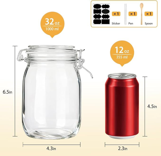 Glass Kitchen Storage Canister Mason Jars with Lids,32oz Airtight Glass Canister with Hinged Lid，Perfect for Kitchen Canning Cereal,Pasta,Sugar,Beans (Labels & Chalk Marker)-Set of 4
