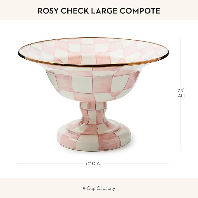 MACKENZIE-CHILDS Enamel Compote, Cute Enamel Pedestal Serving Dish or Decorative Bowl, Large, Pink-and-White Rosy Check