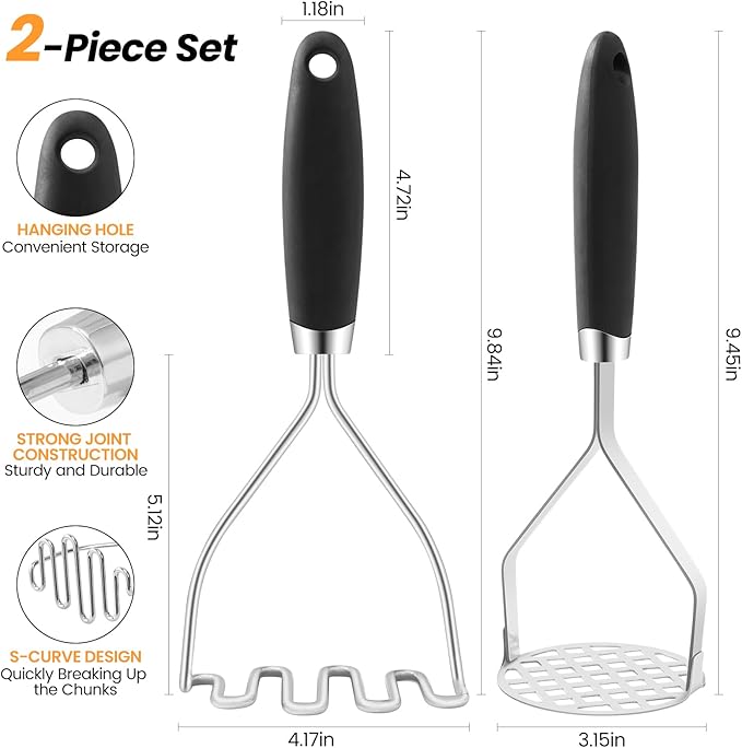 2Pcs Potato Masher, Premium Stainless Steel Mashed Potato Masher Kitchen Tool with Silicone Handle, Integrated & Wire Food Smasher Set for Mashing Potatoes, Veggies, Fruits, Avocado, Meat