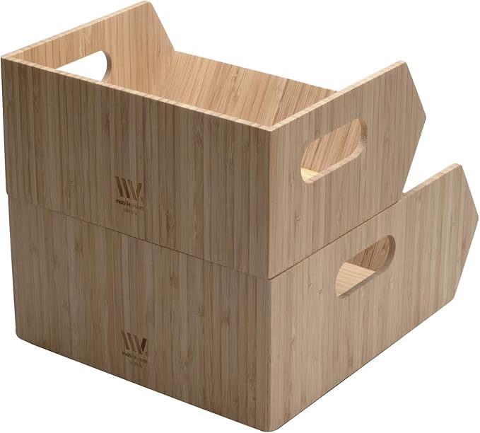 Mobilevision XL Versatile Bamboo Storage Bins for Pantry & Kitchen Cabinet Organizer Multi-Purpose / 2 Piece Stackable Set Larger Bins