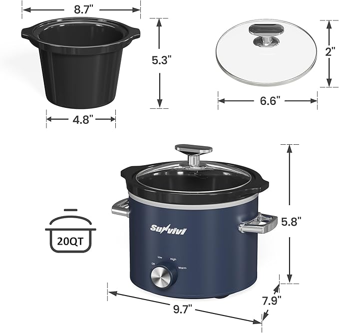 Sunvivi 2 Quart Slow Cooker, Small Slow Cooker with Removable Ceramic Pot, Food Warmer with 3 Heating Settings & Dishwasher Safe Glass Lid, Blue