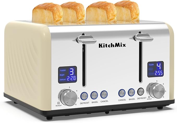 Toaster 4 Slice, KitchMix Bagel Stainless Toaster with LCD Timer, Extra Wide Slots, Dual Screen, Removal Crumb Tray (Cream)