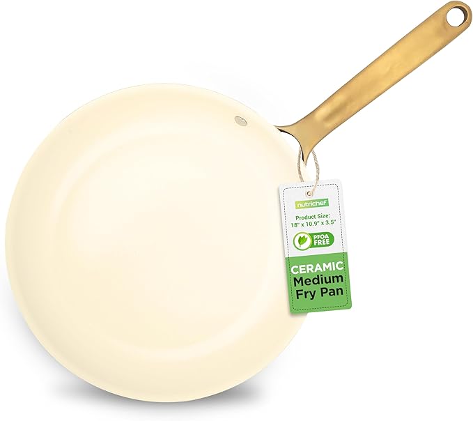 NutriChef 10" Medium Ceramic Fry Pan - Non-Stick Ceramic Coated Skillet with Stylish Titanium Handle, Durable, Easy to Clean, Professional Cookware