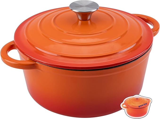 Enameled Cast Iron Dutch Oven Pot with Lid Heavy-Duty Cookware for Bread Baking, Braising, Stews, Roasting,5.5QT，orange