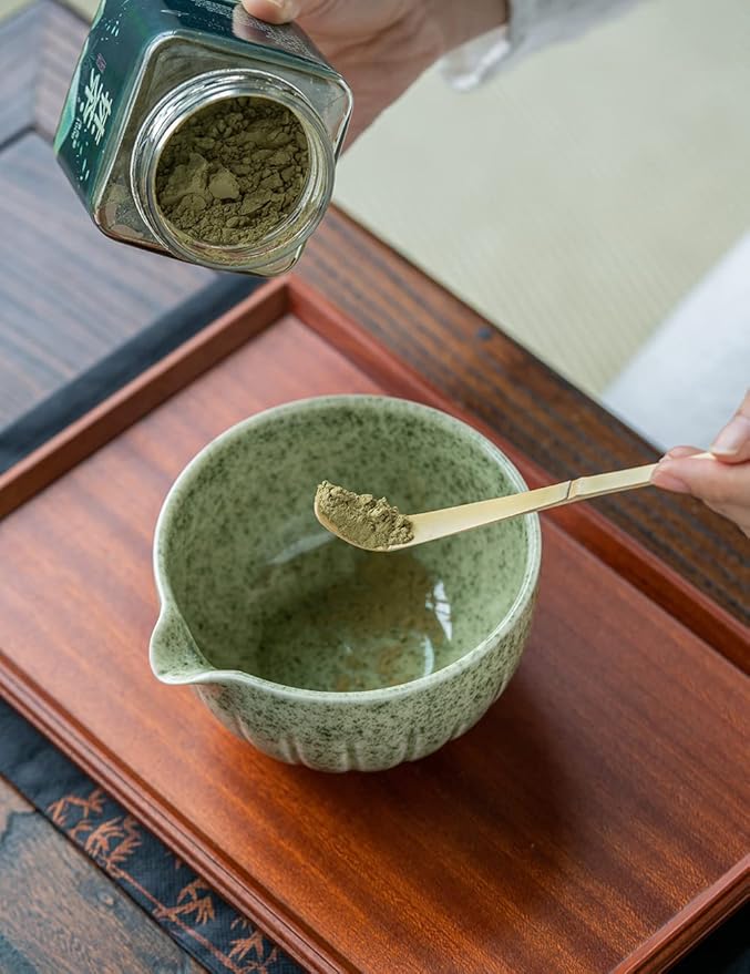 TANG PIN Matcha Set - Match Bowl with Spout and Whisk, 15 OZ, Matcha Scoop | Matcha Whisk Stand (Chasen Holder) - 4pc Perfect Matcha Kit for Matcha Tea Ceremony (Mottled Green)