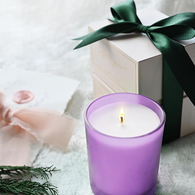 SHOWIN 14 OZ Thick Candle Jars for Making Candles 12 Pcs, 3 Wick Empty Jars with Wood Lids for Candle Making, Sample Container, Frosted Purple