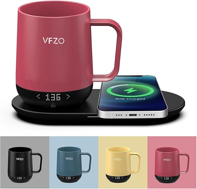 Temperature Control Smart Mug, Self Heating Coffee Mug LED Display, 180 Min Battery Life - Hot up to 149℉ Fast Wireless Charger Base Improved Design coffee serving sets(12oz, Dusty Rose)