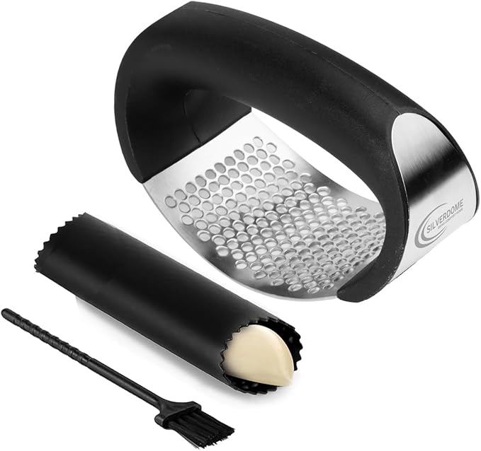 Garlic Press Rocker Set- Premium Garlic Crusher- Innovative & Fast Garlic mincer- Peeler and Scraper Included- Comfortable Grip
