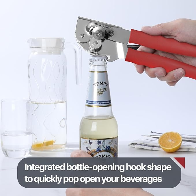 Commercial Can Opener, UHIYEE Hand Crank Can Opener Manual Heavy Duty with Comfortable Extra-long Handles, Oversized Knob, Large Handheld Can Open Easy for Big Cans, Red