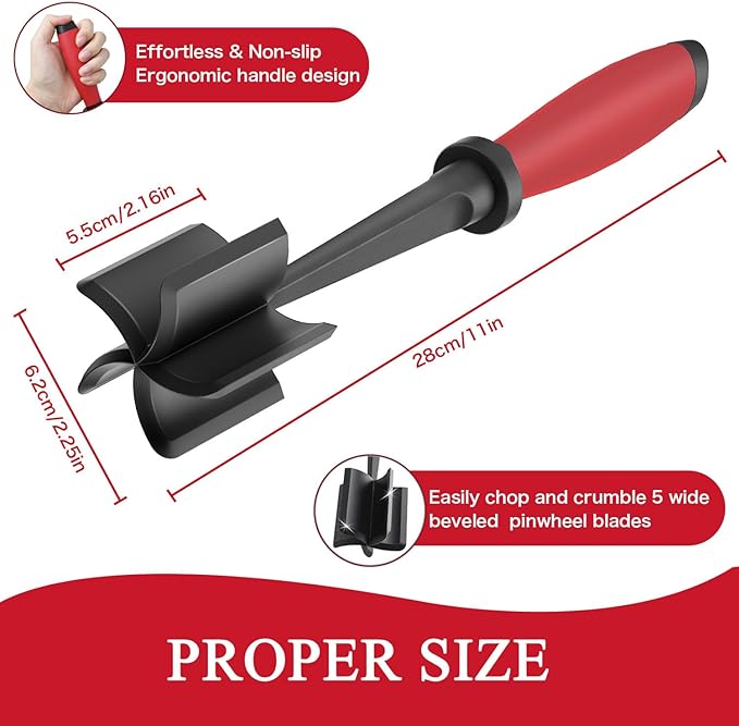2 Meat Chopper, 5 Curve Blades Ground Beef Masher, Heat Resistant Meat Masher Tool for Hamburger Meat, Ground Beef, Turkey and More, Nylon Hamburger Chopper Utensil Non-scratch Utensils-red