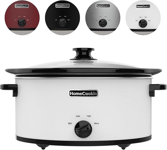 HOMECOOKIN 8 Quart Slow Cooker Oval Manual Pot Food Warmer with 3 Cooking Settings, White Stainless Steel