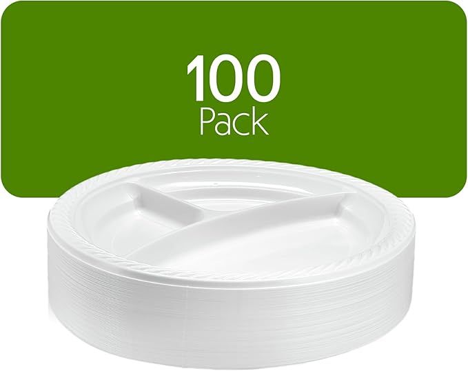 PLASTICPRO 9 inch Round Plastic Plates 3 Compartment - 3 Section Plates Microwaveable, Disposable, White, Dinnerware 100 Count