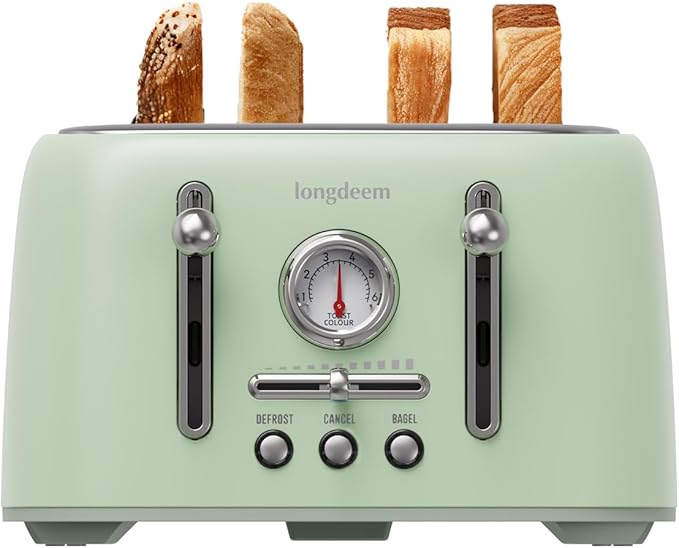 LONGDEEM Retro 4-Slice Toaster 1.6" Wide Slots - 6 Toast Settings with Bagel Function, Stainless Steel Body, Defrost/Cancel Button & Crumb Tray, Vintage Green