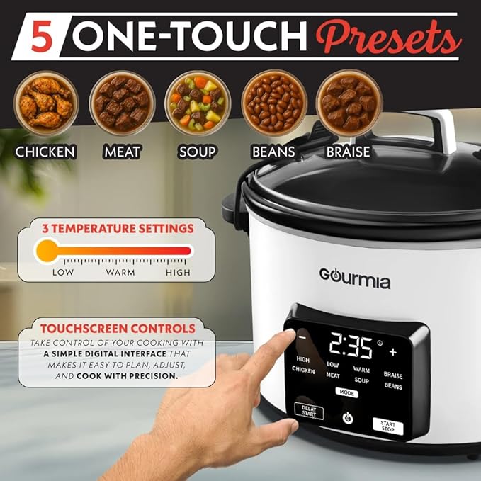 Gourmiia 4.5 Qt Programmable Slow Cooker with 5 Presets, Slow Cook, Digital Timer, Keep Warm Function, Nonstick Interior, Dishwasher Safe (White)