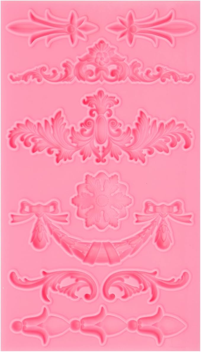 Baroque Decorative Silicone Fondant Mold, Vintage Floral Scroll Pattern, Pink