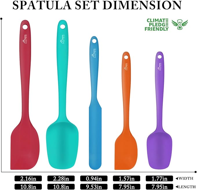HOTEC Heat Resistant 600℉ Food Grade Silicone Rubber Spatula Set for Baking, Cooking, and Mixing Non Stick Dishwasher Safe BPA-Free Multicolor Set of 5