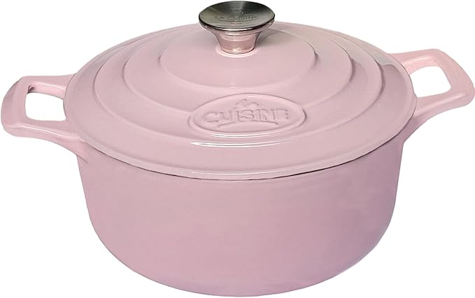 La Cuisine Enameled Cast Iron Dutch Oven Casserole Dish Pot with Lid, 3.7 QT 9.5" /24cm Dia. Cream White Enamel Coating Interior, Pink Enamel Coating Exterior, Oven-Safe up to 500° F