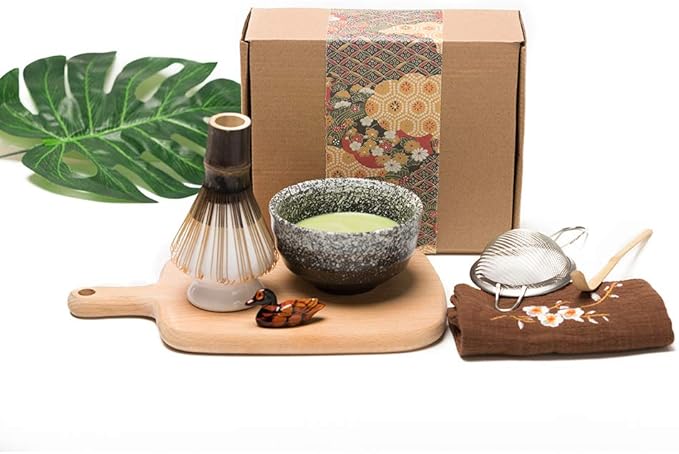 Bamboo Matcha Tea Whisk Set (Chasen) Matcha Bowl (Chawan) Bamboo Scoop (Chashaku) Ceramic Whisk Holder Handmade Matcha Ceremony Starter Kit For Traditional Japanese Tea Ceremony (7 Pcs).
