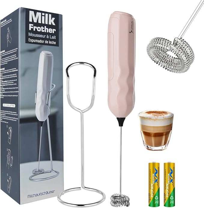 SUPRUS Ultra Fast Handheld Milk Frother Double Whisk with Stand 2 Batteries Stainless Steel for Lattes Cappuccino Matcha Hot Chocolate Coffee Bar Accessories Kitchen Gadgets Gift