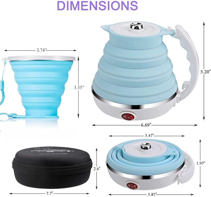 Upgrade Travel Kettle, ShineMe Food Grade Silicone Dual Voltage 110-220V Ultrathin Portable Electric Water Kettle with Cup, Universal Adaptor and Detachable Power Cord, 555ML (Blue)