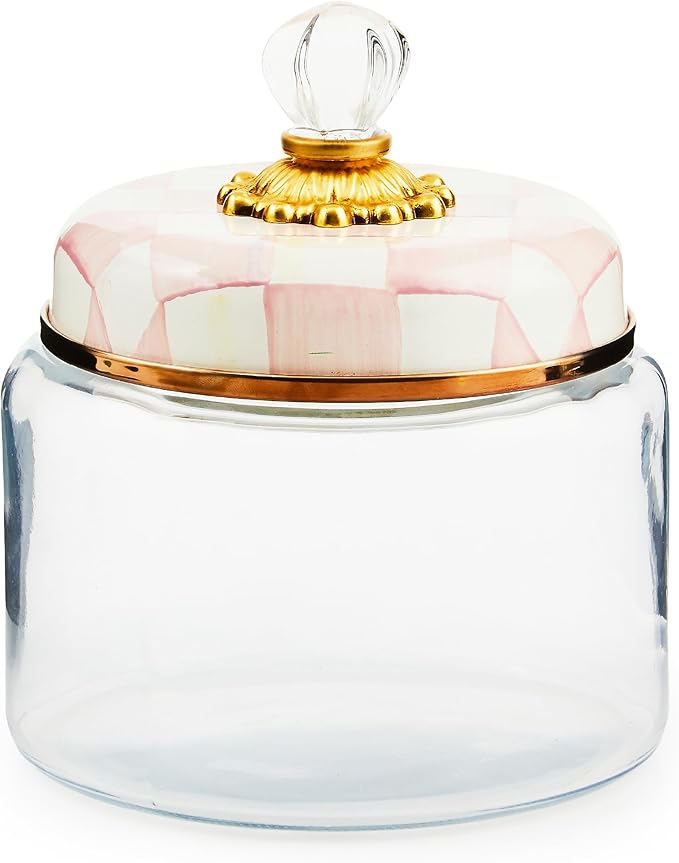 MACKENZIE-CHILDS Rosy Check Kitchen Canister, Decorative Pink-and-White Glass Storage Jar with Lid, Small