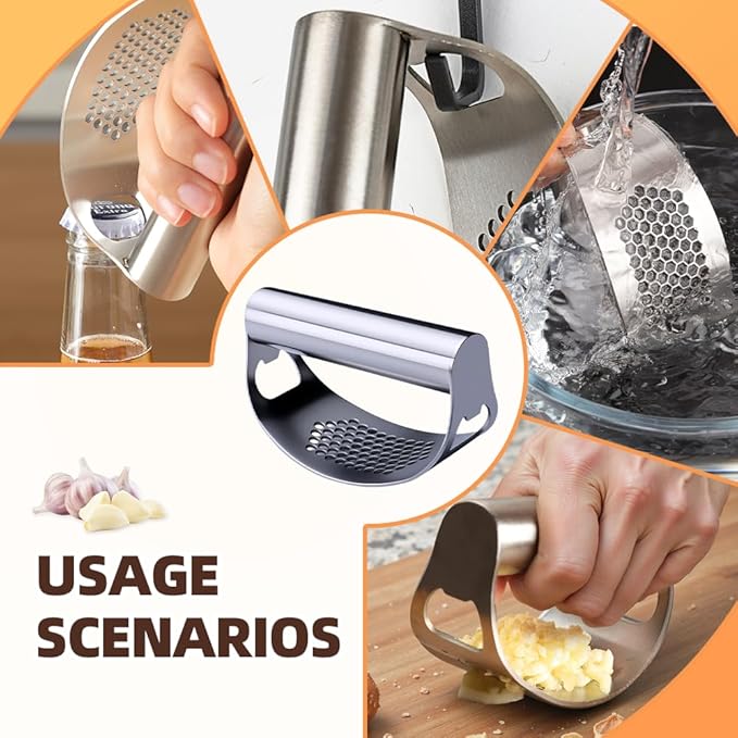 2026 New Garlic Press Rocker, Upgrade Garlic Press Stainless Steel, Portable Manual Stainless Steel Garlic Press Rocker, Innovative Garlic Crusher with Peeler and Scraper (1)