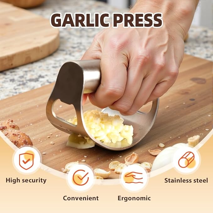 2026 New Garlic Press Rocker, Upgrade Garlic Press Stainless Steel, Portable Manual Stainless Steel Garlic Press Rocker, Innovative Garlic Crusher with Peeler and Scraper (2)