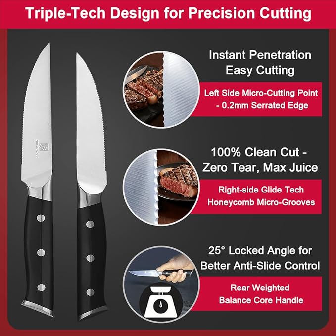 Steak Knives,4.5 Inch Steak Knife Set of 4,Micro-Cutting Point Serrated Edge,Razor Sharp Kitchen Knife,50CR15MOV Stainless Steel,Dishwasher Safe,Ergonomic Handle And Full Tang Design With Gift Box