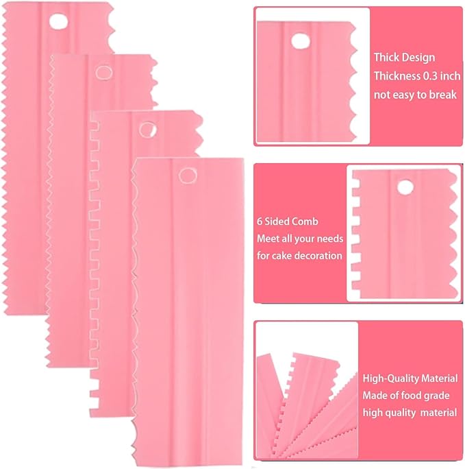 Cake Scrapers Set Pink Decorating Comb and Icing Smoother, Plastic Sawtooth Scraper Polisher Butter Mousse Cream Cake Edge DIY Tool -8 Design Textures (Pink)