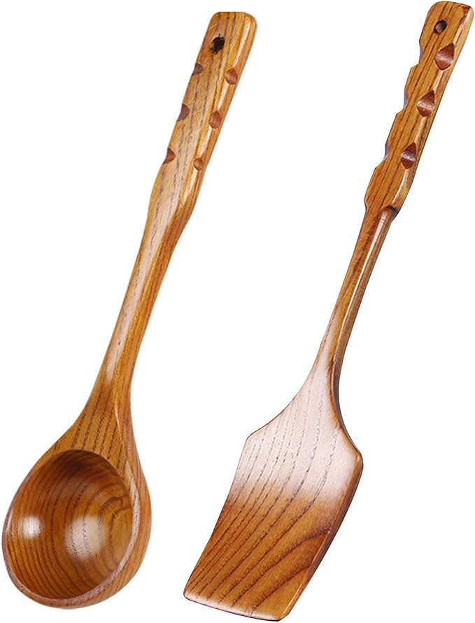 13.7" Long Wooden Spoons for Cooking and Wooden Spatulas for Cooking, Non-Stick Wooden Kitchen Utensils Set