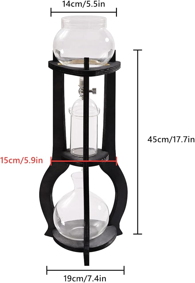 Cold Brew Coffee Maker, 600 ml/20.29 oz Iced Coffee Tower Dripper Coffee Maker & Tea Maker 6-8 Cups, High Borosilicate Glass, Wood, 304 Stainless Steel, Copper - for Home Office (Grey)