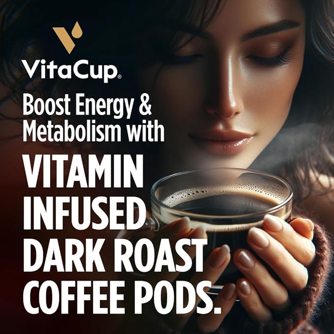 VitaCup Energy Dark Roast Coffee Pods, Boost Focus & Metabolism, Antioxidants, B Vitamins, Bold & Smooth,100% Arabica Coffee, Recyclable Single Serve Pod Compatible with Keurig K-Cup Brewers,16 Ct